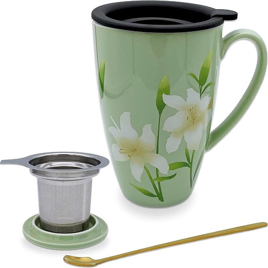 Tea Infuser Cup, 17oz Porcelain Large Tea Mugs with Infuser and Lid for Housewarming, Graduation, Retirement, Lily Green