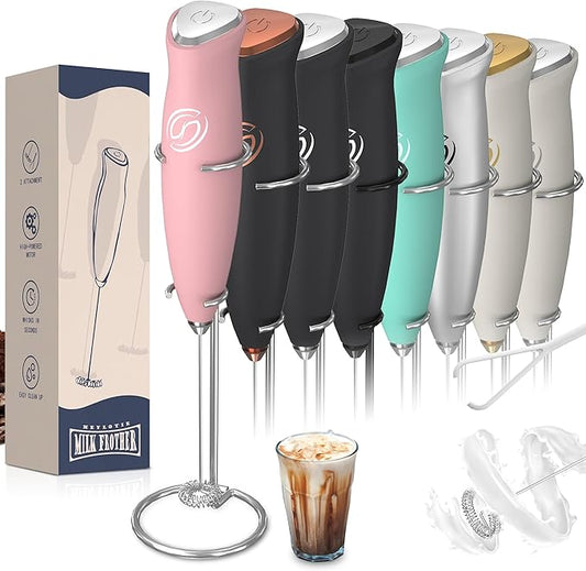 Milk Frother With Stand Frother Wand Coffee Frother Handheld Drink Mixer Handheld with 2 Whisks Electric Whisk Stirrers Electric Milk Frother for Coffee Mixer Wand Milk Foamer-Pink