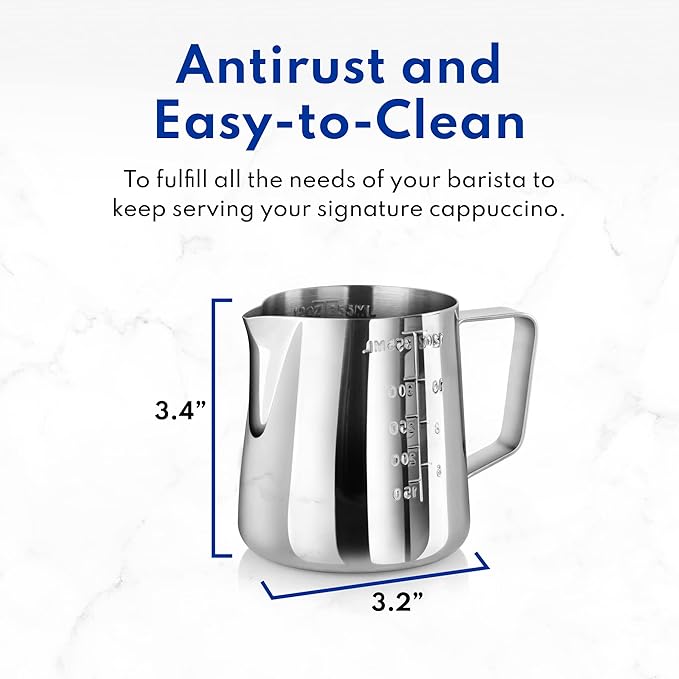 New Star Foodservice 28805 Commercial Grade Stainless Steel 18/8 Frothing Pitcher, 12-Ounce with Measurement Scale (Pack of 2)