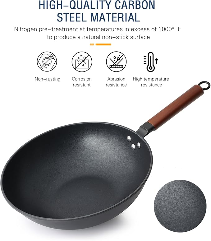 Nonstick Wok with Lid, 13 Inch Woks & Stir Fry Pans Nonstick, Carbon Steel Wok for Cooking, Pre-Seasoned Flat Bottom Chinese Wok for Induction, Electric, Gas Stoves