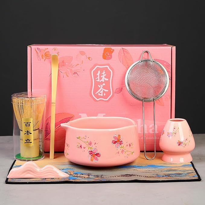 Matcha Set 7-Piece matcha whisk set，matcha kit,matcha set, 1 Scoops, Strainer,1 matcha whisk ，macha whisk set (pink)