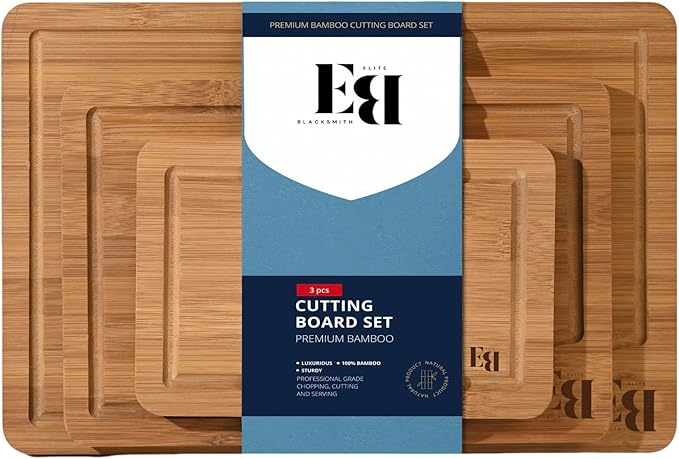 Crack Resistant Cutting Boards for Kitchen Serving & Meal Prep - Bamboo Wood Board Set with Deep Juice Grooves & Side Handles - Charcuterie & Chopping Butcher Block for Meat (3 Pcs)