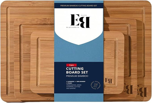 Crack Resistant Cutting Boards for Kitchen Serving & Meal Prep - Bamboo Wood Board Set with Deep Juice Grooves & Side Handles - Charcuterie & Chopping Butcher Block for Meat (3 Pcs)