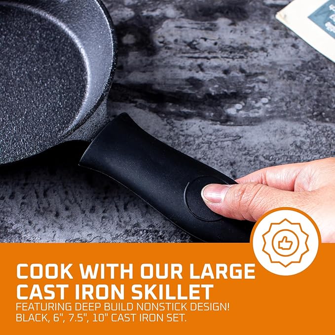 Bruntmor 6, 7.5, 10 Inches Black Pre-Seasoned Cast Iron Frying Pan Set of 3, Oven Safe Cast Iron Skillet, Cast Iron Grill Pan Set, Nonstick Cookware and Bakeware for Casserole Dish