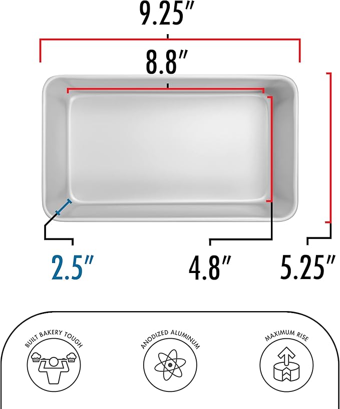 Fat Daddio's BP-5643 Anodized Aluminum Bread Loaf Pan, 9 x 5 x 2.5 inch, Set of 2, Silver