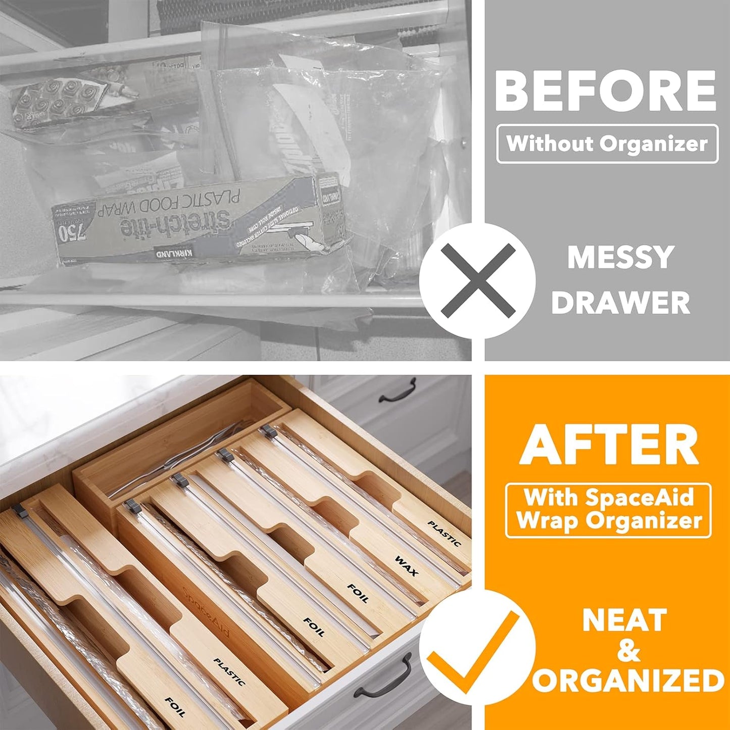 SpaceAid WrapNeat 4 in 1 Wrap Dispenser with Cutter and Labels, Plastic Wrap, Aluminum Foil and Wax Paper Dispenser for Kitchen Drawer, Bamboo Roll Organizer Holder, Compatible with 12" Roll