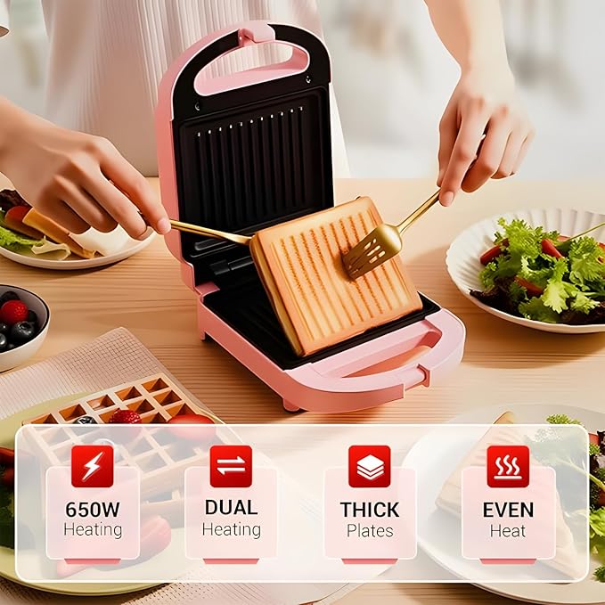 Sandwich Maker, Household Multi-Functional Breakfast Griller, Dual Non-Stick Plates, Fast Heating Electric Omelet, French Toast Panini Press, Tuna Melts, Cool Touch Handle for Camping Barbecue (Pink)