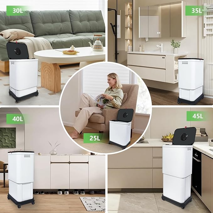 Gintan 13 Gallon Trash Can with Lid, 25-45 L Altitude Variable Bin, Garbage Can with Wheels for Kitchen, Bathroom, Bedroom, Office, with Two Space-Saving Hangable Small Waste Bin and Garbage Bag