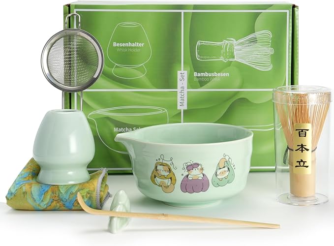 Matcha Whisk Set 7 Pcs Ceramic Matcha Set Includes 15oz Bowl with Spout,Bamboo Whisk & Holder, Scoop, Scoop Rest Sifter & Tea Towel, Complete Matcha Tea Set for Beginners-Green