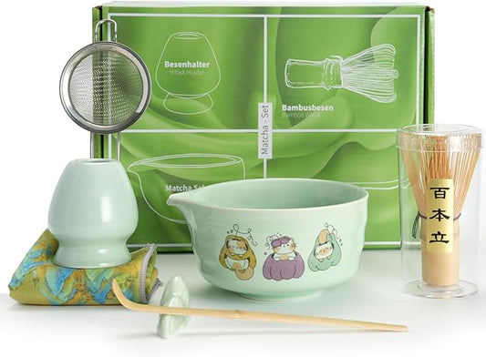 Matcha Whisk Set 7 Pcs Ceramic Matcha Set Includes 15oz Bowl with Spout,Bamboo Whisk & Holder, Scoop, Scoop Rest Sifter & Tea Towel, Complete Matcha Tea Set for Beginners-Green