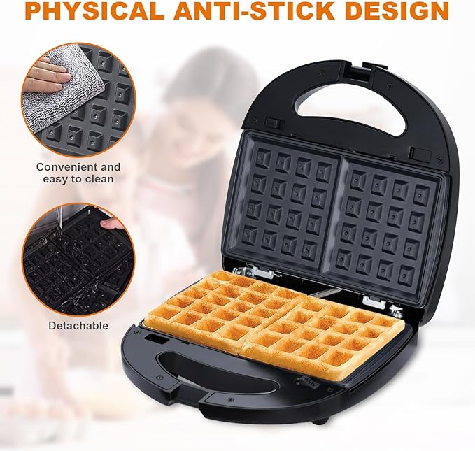 3-in-1 Mini Waffle Maker with Non-Stick Plates, Electric Sandwich Maker, Mini Donut Maker, Breakfast Sandwich Maker Press with Removable Plates, Compact Design & Adjustable Temperature Knob