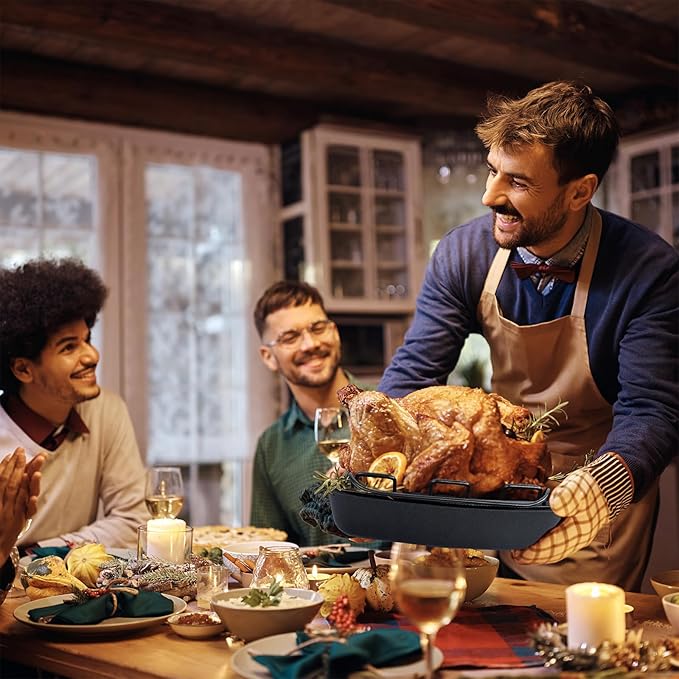 Nonstick Turkey Roasting Pan with Rack - 17×13.6 Inch Large Turkey Roaster Pan For Oven - Double-Ply Clad NonStick Roasting Pan For Roasting Chicken, Meats and Vegetables（Dark Gray）