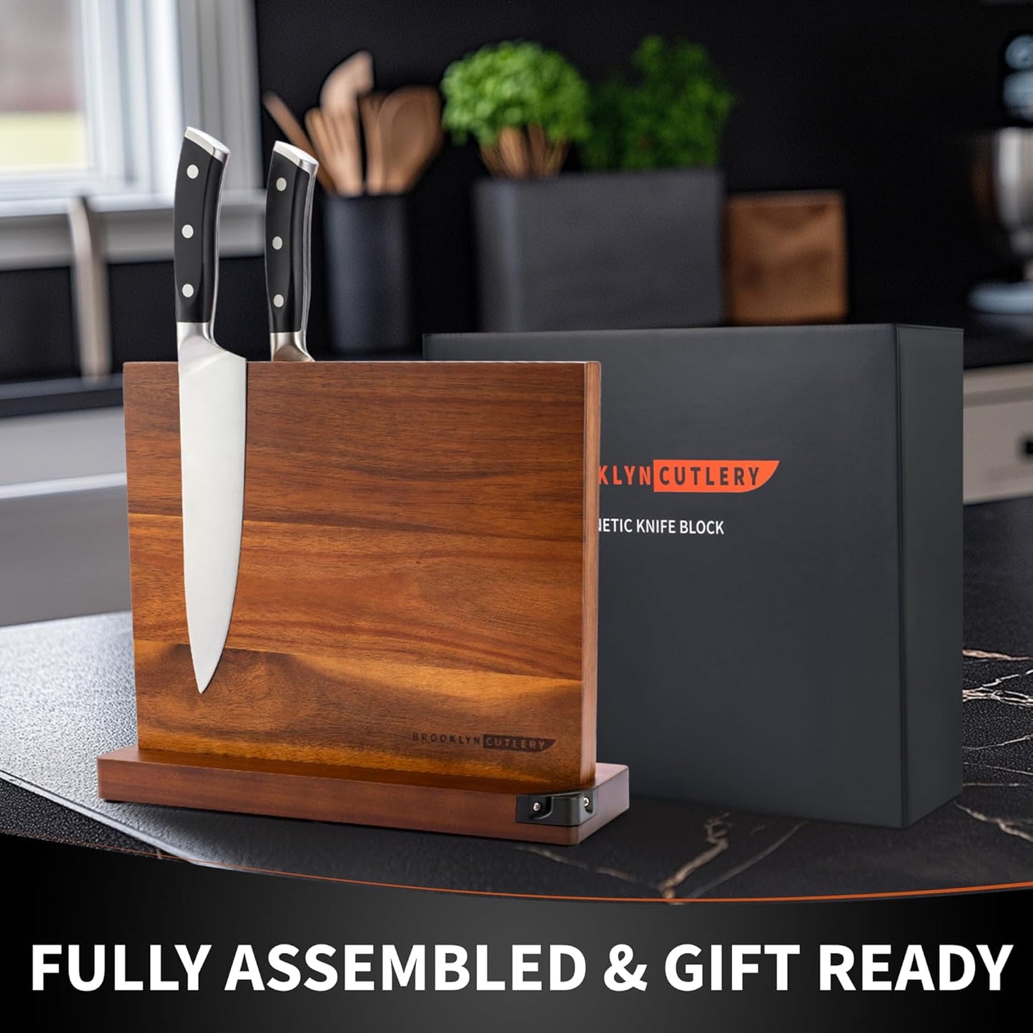 Magnetic Knife Block, Acacia Wood Magnetic Knife Holder for Kitchen Counter Universal Knife Block Without Knives (12 x 10 With Sharpener)