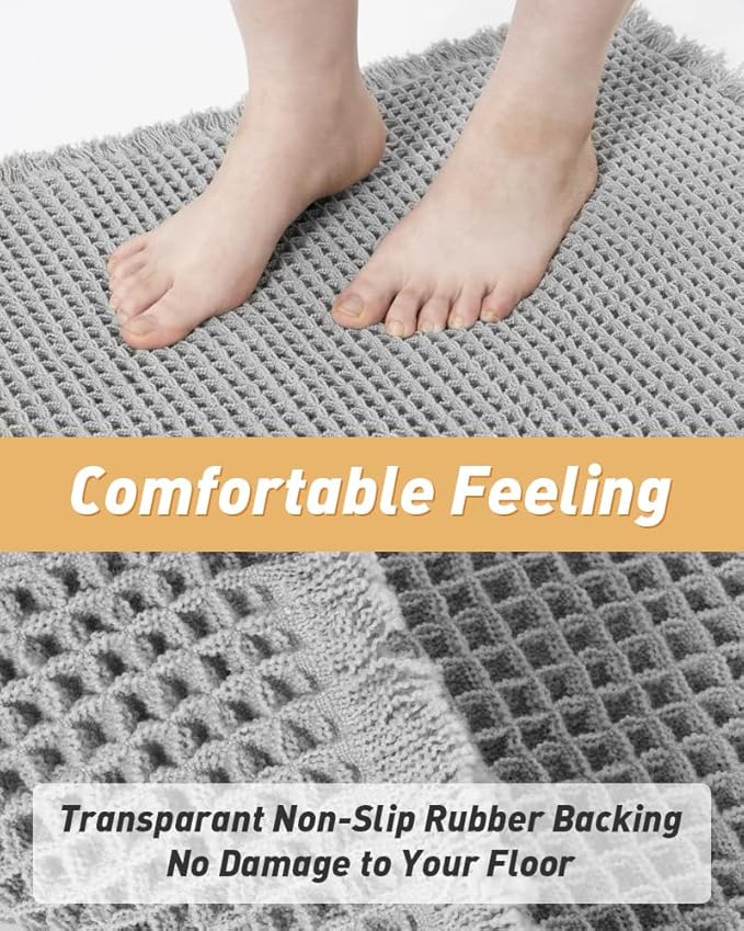 AMOAMI Upgraded Waffle Runner Rug Super Absorbent Non Slip Bath Mats for Bathroom Machine Washable Bathroom Runner Rug with Tassels, Ideal for Hallway Bedroom Laundry Room, Light Grey, 17" x 60"