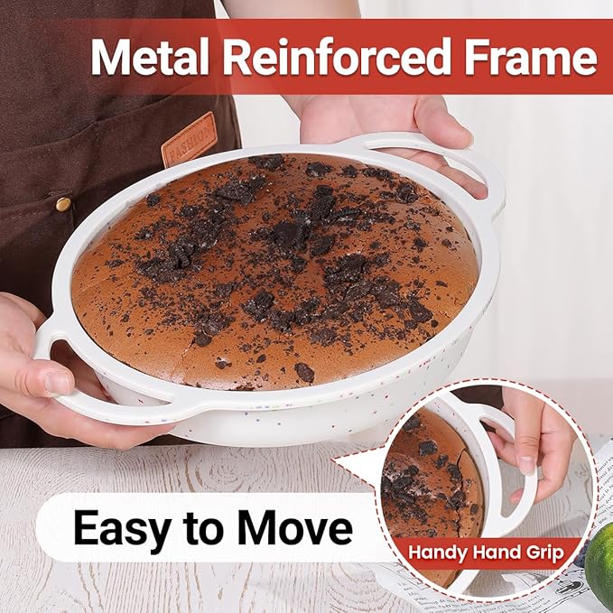 9 Inch Round Cake Pan, Metal Reinforced Frame Silicone Cake Mold for Baking with Handle Easy to Move Confetti