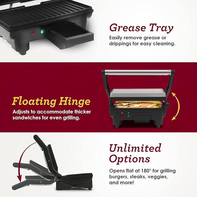 Elite Gourmet EPN-2976 2-in-1 Nonstick Panini Press & Indoor Grill, Opens 180-Degree Gourmet Sandwich Maker, Floating Hinge Fits All Foods, Contact Grill with Removable Grease Tray, Stainless Steel