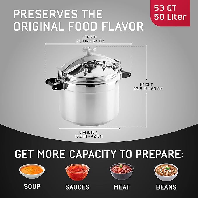 Universal (Extra Large) 53-Quart Aluminum Pressure Cooker for Professional Use – Commercial-Grade, 2 Safety Valves, Reinforced Handles, Easy-Open Lid, – Ideal for Large Kitchens, and Restaurants