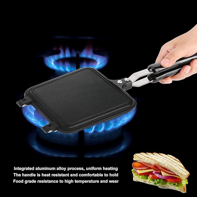 Double Sided Frying Pan, Sandwich Grill Maker with Non Stick Cast Iron Grilling Plate - Foldable Grill for Breakfast, Toast, Panini, Waffle