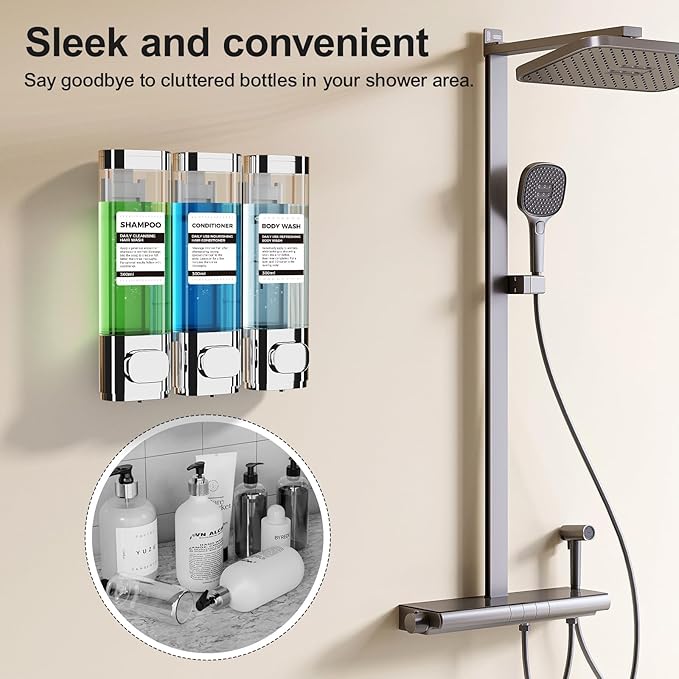 3-Chamber Wall Mounted Shampoo and Conditioner Dispenser,300ML Each Shower Soap Dispenser,Easy Refill,No Drip,Ideal for Shampoo,Conditioner,Body Wash for Bathroom Kitchen Hotel