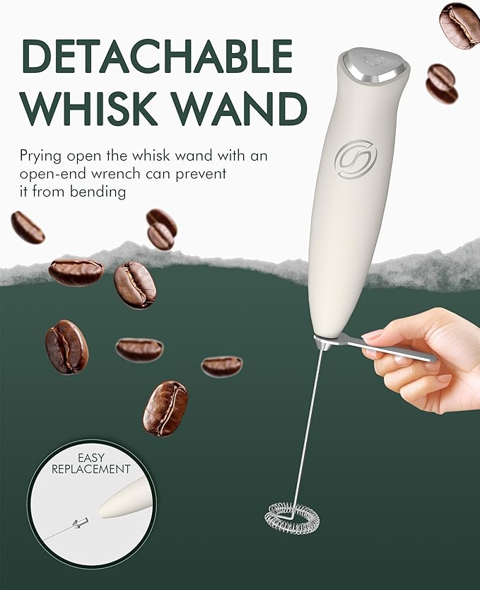 Milk Frother Wand Coffee Frother Handheld Drink Mixer Handheld with 2 Whisks Electric Whisk Stirrers Electric Milk Frother for Coffee Mixer Wand Milk Foamer-White