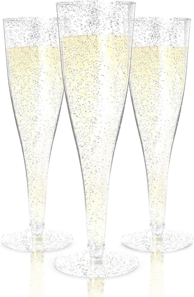 Prestee 24 Champagne Flutes Plastic - Disposable Flute - Silver Glitter Plastic Glasses for Parties - Mimosa Bar, Wedding, Shower Party, New Years Eve Party Supplies 2025 (Silver)