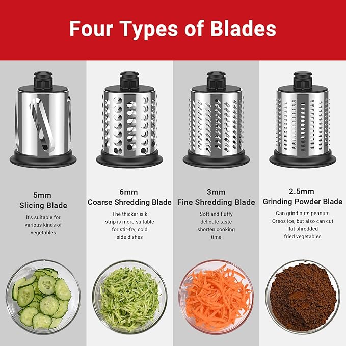 Stainless Steel Slicer Shredder Attachment for KitchenAid Stand Mixers, Cheese Grater Attachment For Kitchenaid, Salad Maker, Grinding Powder, Dishwasher Safe with 4 Blades