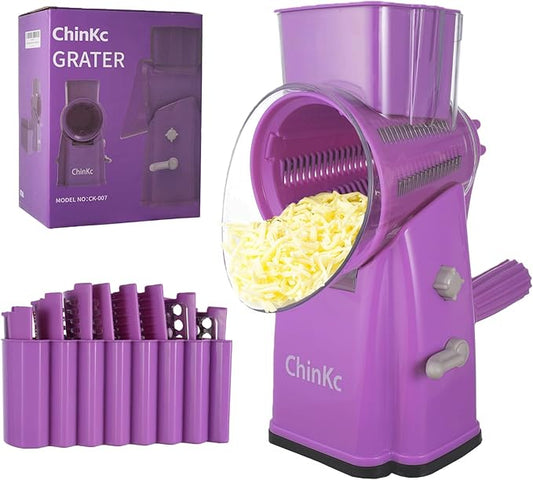 Rotary Cheese Grater Shredder - Upgraded 5 in 1 Cheese Grater with Handle and Strong Suction Base, Multi-purpose Julienne Slicer Ice Shaver Nuts Grinder for Ice, Vegetables, Fruit, Nuts