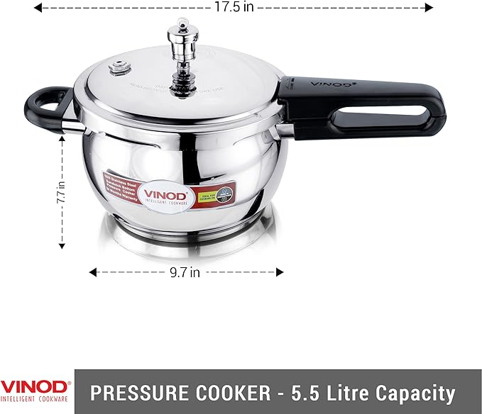 Vinod Pressure Cooker Stainless Steel – Glass Lid Handi Pot - 5.5 Liter – Indian Pressure Cooker – Stove Top Sandwich Bottom – Best Used For Indian Cooking, Soups, and Rice Recipes, Quinoa