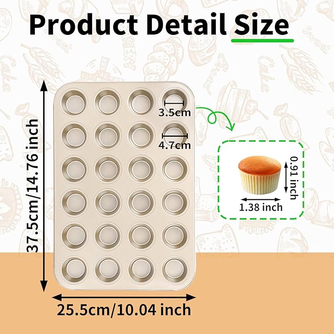 Beasea Nonstick Mini Muffin Pan 24 Cups, 2 Pack 24 Mini Small Tiny Cup Non Stick Muffin Baking Pan Tin Tray Carbon Steel Bakeware Individual Cupcake Baking Pan - Gold