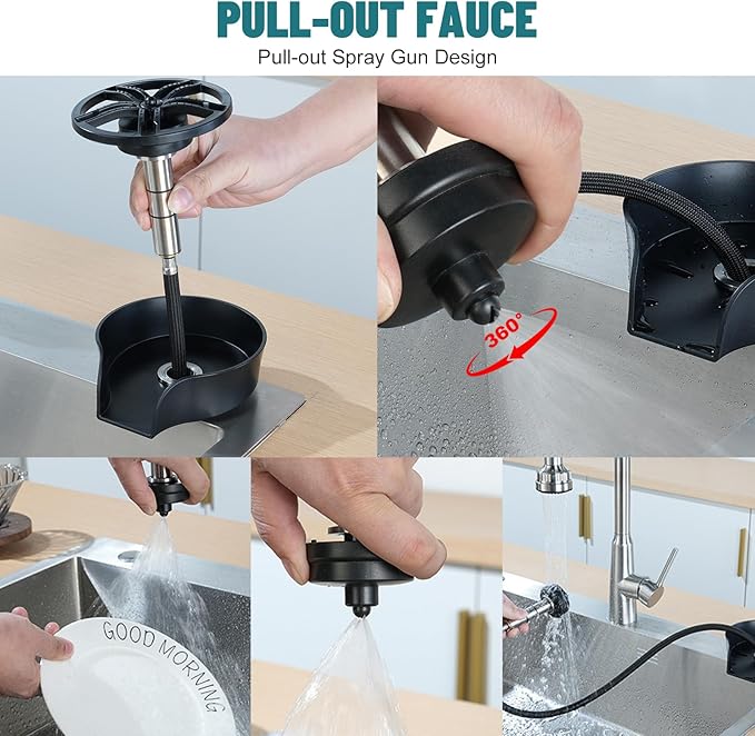 Glass Rinser for Kitchen Sink, High Pressure 360 Degree Rotating Spout Glass Rinser with Pull-out Spray Gun Design, Glass Cup Cleaner Sink Attachment Washer Baby Bottle, Glass Cup, Wine Glass (Black)