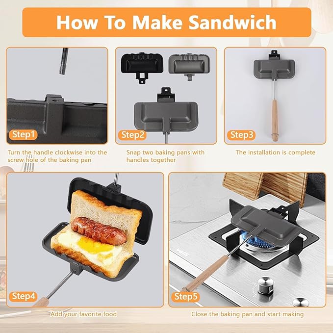 Double Sided Sandwich Panini Maker with Handle, Aluminum Alloy Sandwich Flip Pan Crimp Sealing Baking Pan for Fluffy Pancakes, Omelets, Frittatas