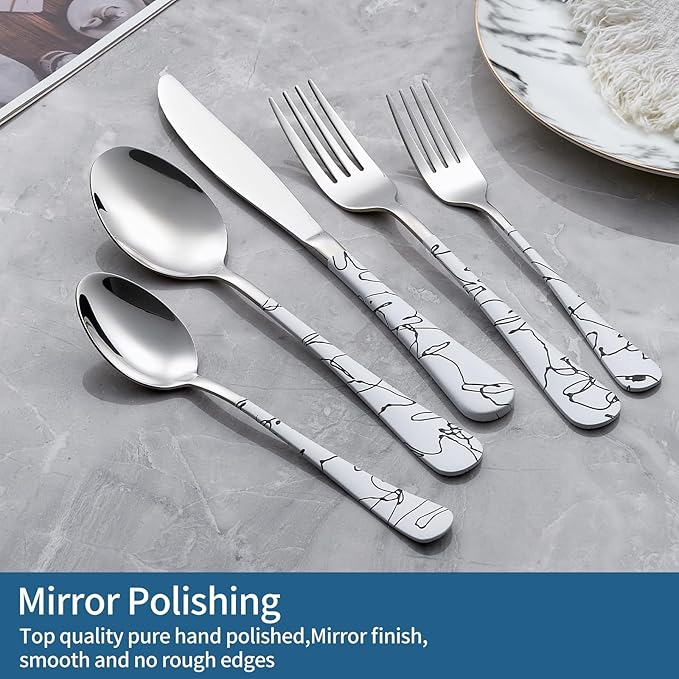 20-Piece Silverware Set with Stainless Steel Flatware - White Marbling Handle Cutlery - Dinner Knives, Forks, Spoons - Dishwasher Safe
