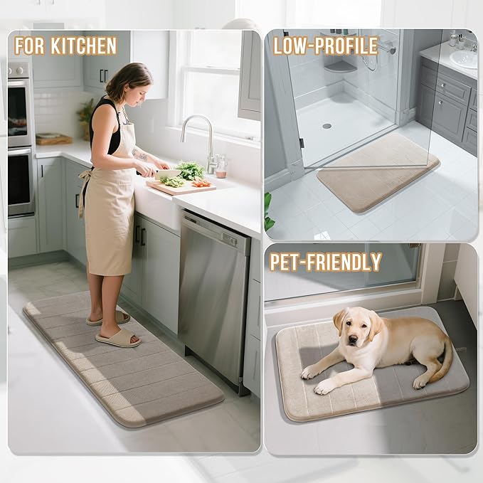 Yimobra Memory Foam Bath Mat, Super Soft Absorbent Bathroom Rug Non Slip 24x17 Inch, Quick Dry, Machine Washable Floor Carpet for Tub Shower, Home Decor Accessories, Beige