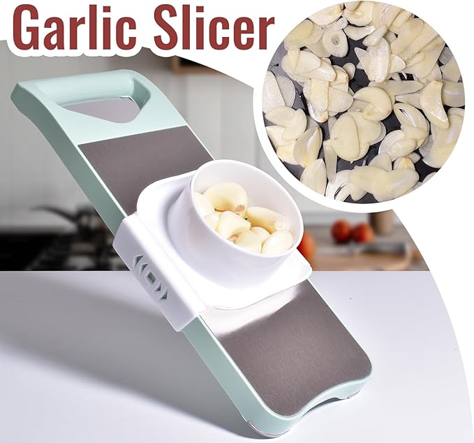 Multi-Purpose Mandoline Slicer with Slide-On Hand Guard - Vegetable Chopper, Potato/Onion/Garlic Slicer, Kitchen Grater(Multi-Color) (Seafoam green, 5-in-1)