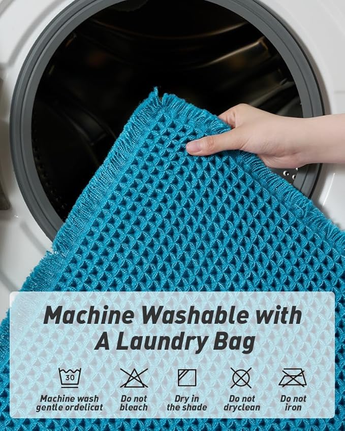 AMOAMI Upgraded Waffle Runner Rug Super Absorbent Non Slip Bath Mats for Bathroom Machine Washable Bathroom Runner Rug with Tassels, Ideal for Hallway Bedroom Laundry Room, 17" x 72", Teal