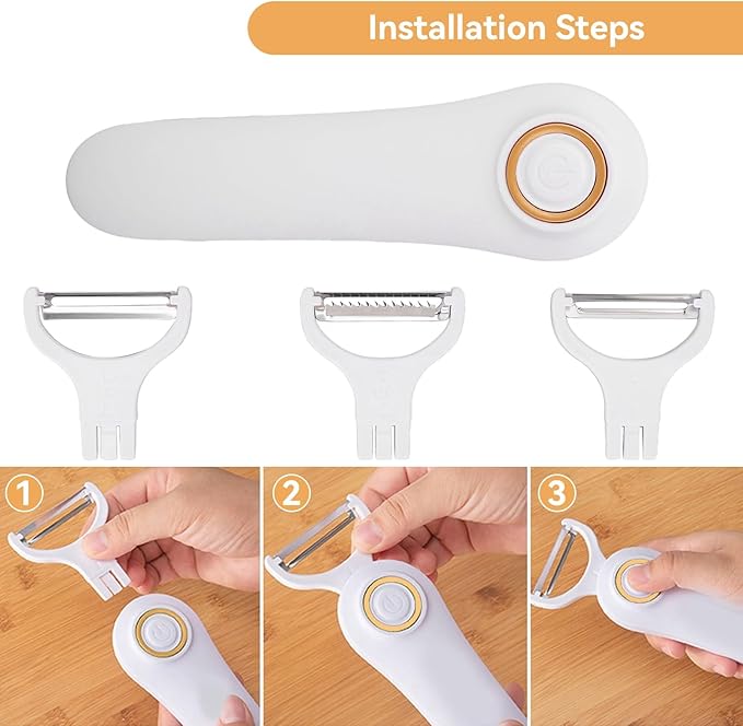 Electric Potato Peeler, Handheld Vegetable Peeler Set with 3 Interchangeable Blade Heads USB Rechargeable Veggie Fruit Peeler for Pears, Carrots, Cucumber