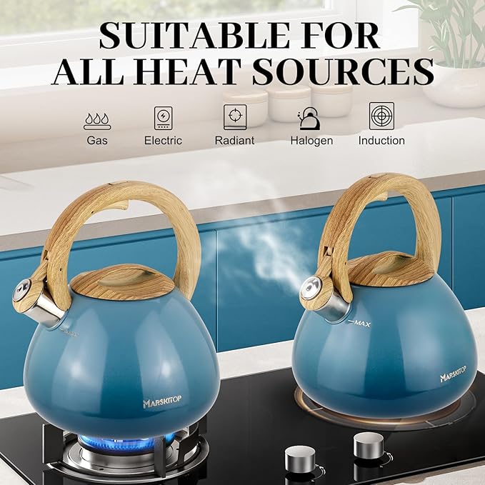 MARSKITOP Tea Kettle Stovetop Whistling, 2.6 Quart Tea Pot for Stove, Food Grade Stainless Steel Teapot for Stovetop with Anti-Hot Handle, Suitable for All Heat Sources, Blue