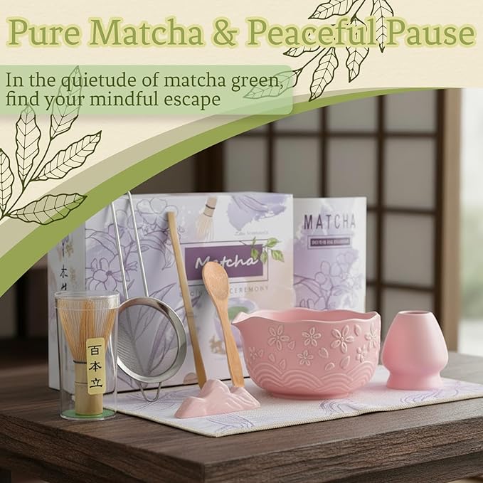 8 Pcs Pink Cherry Blossom Matcha Whisk Set Bowl with Spout Bamboo Chasen Sifter Spoon Scoop Whisk Holder Bamboo Mat Complete Matcha Making Kit