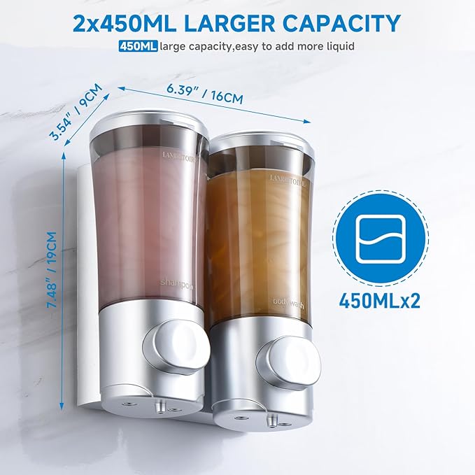 Shampoo and Conditioner Dispenser, Shower Soap Dispenser 2 Chamber No Drill Wall Mounted Shampoo Dispenser Shower Dispenser for Bathroom Hotel Large Capacity,Silver
