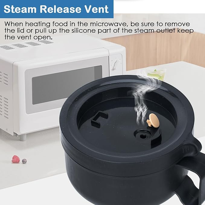 2 Pack Soup Bowl with Handles, Microwave Ramen Bowl with Lid for Soup and Instant Noodles,Oatmeal, Gumbo, Salad,BPA Free(Black Black)