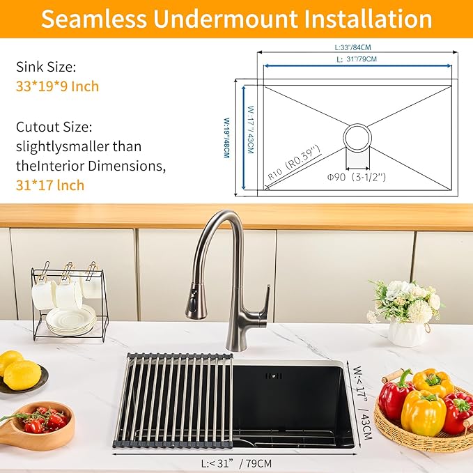 33 Inchs Undermount Kitchen Sink,33 x 19 x 9 Inch Black-Grey Single Bowl Sinks,16 Gauge Stainless Steel Nano Black Sinks with Accessories for Workstation, Prep Kitchen, Bar Sink Drop-in