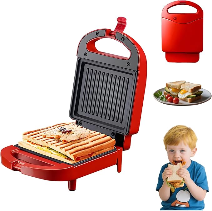Sandwich Maker, Household Multi-Functional Breakfast Griller, Dual Non-Stick Plates, Fast Heating Electric Omelet, French Toast Panini Press, Tuna Melts, Cool Touch Handle for Camping Barbecue (Red)