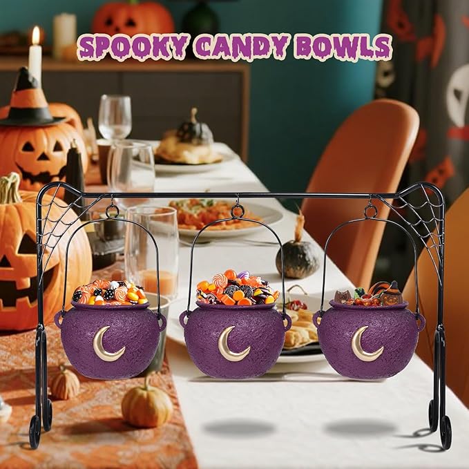 Halloween Decor Halloween Party Decorations Set of 3 Witches Cauldron Serving Bowls on Rack Black Resin Cauldron for Indoor Home Kitchen Decoration Purple Moon
