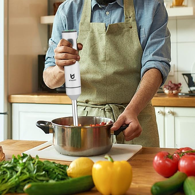 Cordless Hand Blender, UTALENT Variable Speed Immersion Blender Rechargeable, with 500ml Chopper, 600ml container, Egg Whisk, for Smoothies, Baby Food and Soups – White