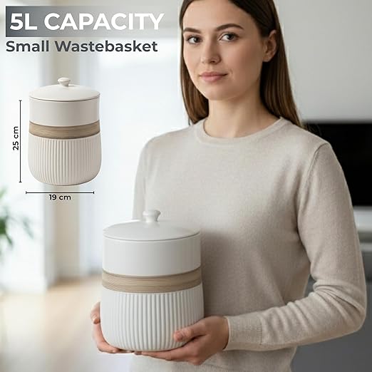 Escenzy Premium White Bathroom Trash Can with Lid 5L | 7" x 10" | Decorative Small Garbage Can | Luxury Ceramic Waste Basket for Bathroom, Bedroom, Kitchen, Hotels or Living Room Decor | Ideal Gift