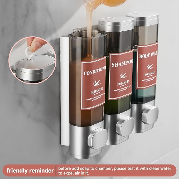 Shampoo and Conditioner Dispenser Wall Mounted Shower Soap Dispenser No Drill Shampoo Dispenser for Shower 3 Chamber Bathroom Body Wash Shower Gel Holder Sliver