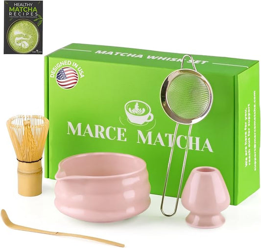 Matcha Whisk Set- Matcha Set includes Matcha Whisk and Bowl with Spout, Sifter, Holder and Scoop- The Perfect Bamboo Whisk for Matcha Tea (Pink)