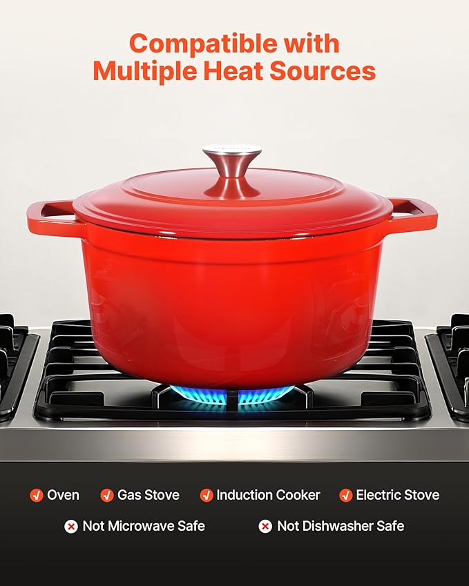 VEVOR Enameled Cast Iron Dutch Oven, 6 Quart Pot with Lid and Dual Handles, Heavy-Duty Durable Cookware Pan, Oven Induction Compatible up to 500℉, for Braising, Stews, Roasting, Bread Baking, Red