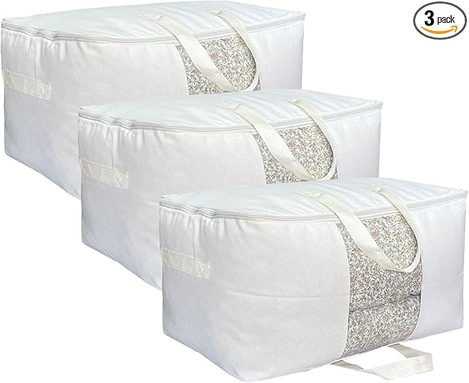 Soft Canvas Clothes Storage Bags with Four Carrying Handles and Clear Window, Closet Organizer for Clothing, Blankets Sheets Pillows and Bedding, 55L, 3 Pack, White