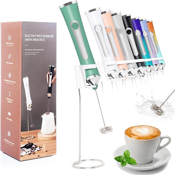 Rechargeable Milk Frother Handheld For Coffee,3 Speeds Frother Wand With Stand, Batidora De Mano Electrica,With 2 Heads,Drink Mixer Electric Handheld,Kitchen Essentials (Green)